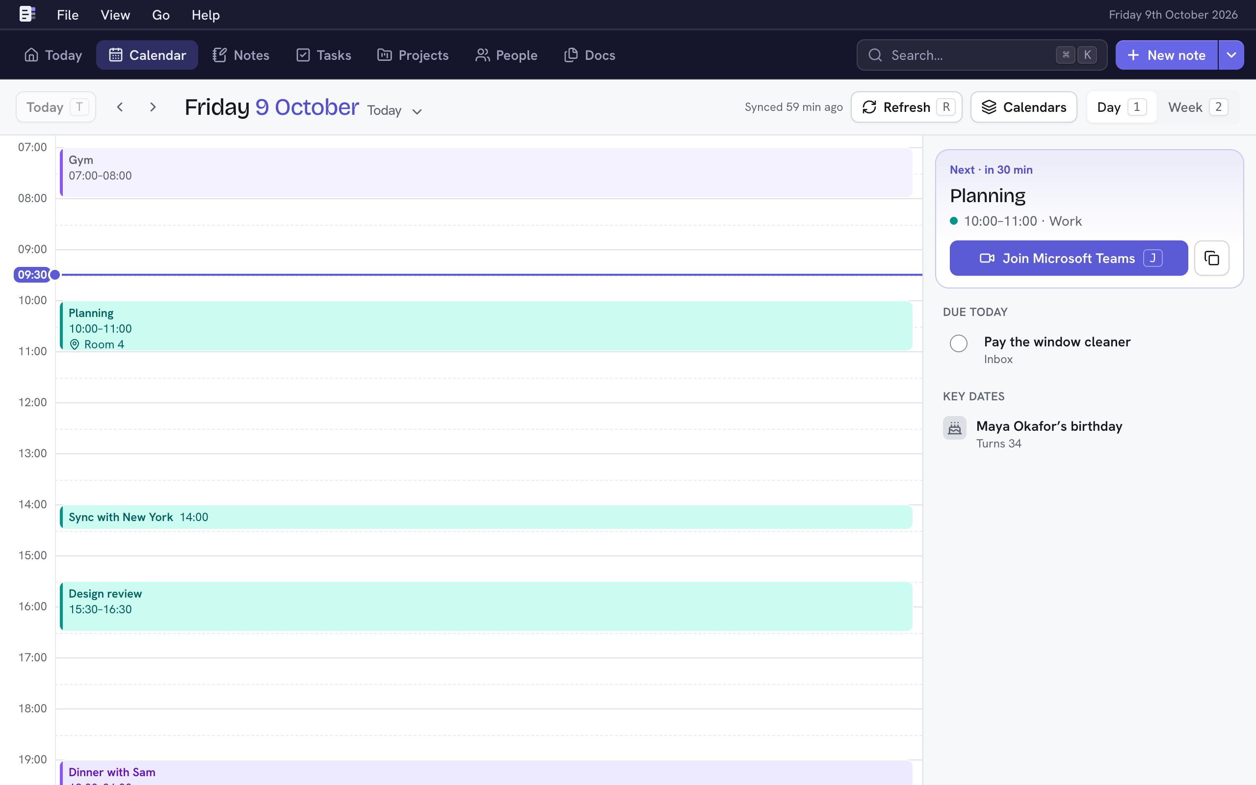 Calendar's Day view: the hours on the left, the day's meeting, tasks and key dates on the right