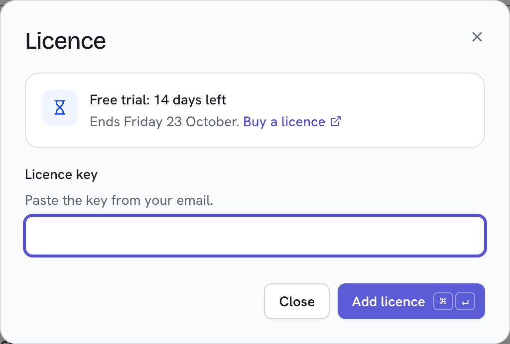 The Licence window during the trial: days left, Buy a licence, and the Licence key field