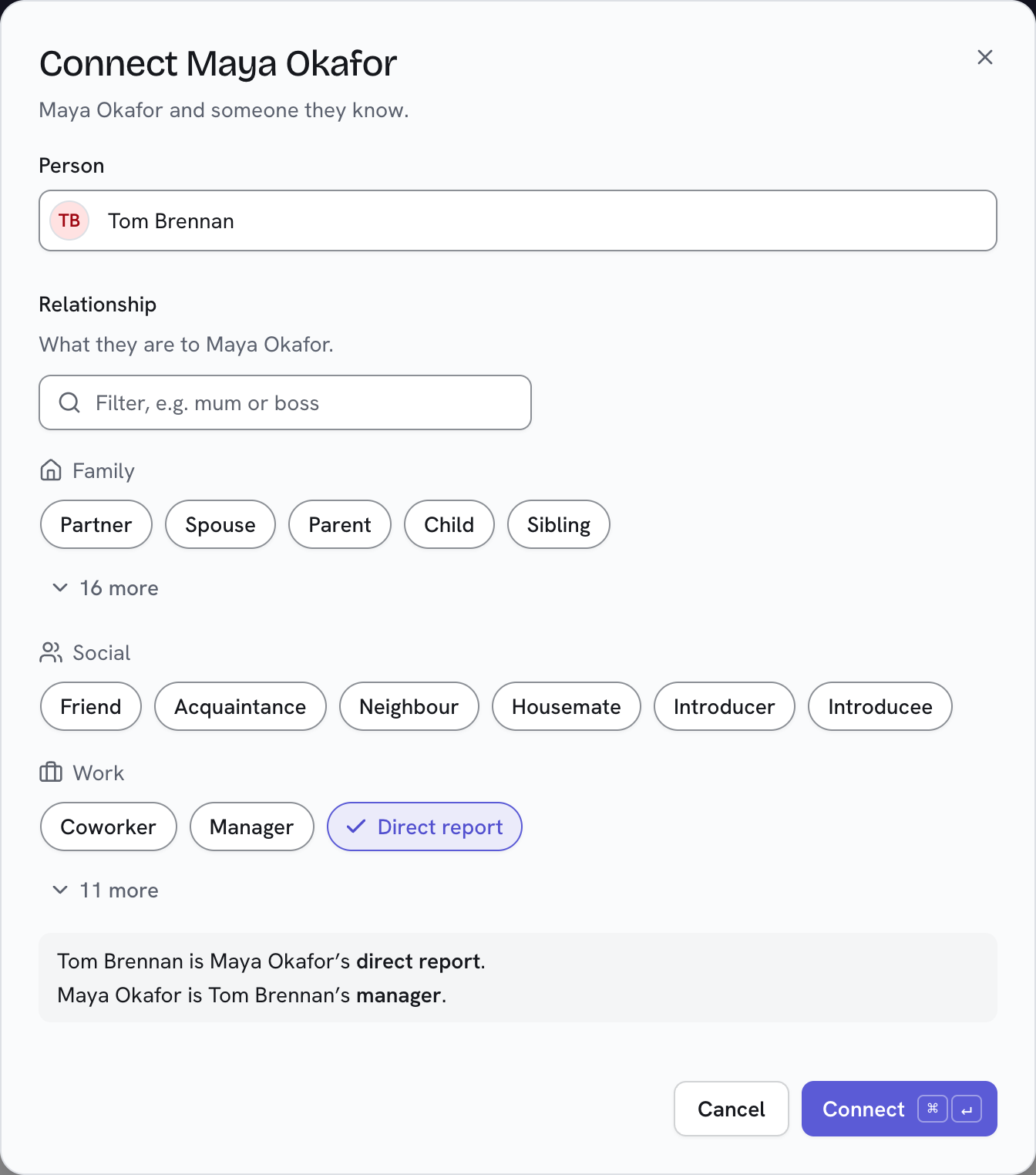 Connect: Tom Brennan chosen as Maya Okafor’s direct report, with both ways round below