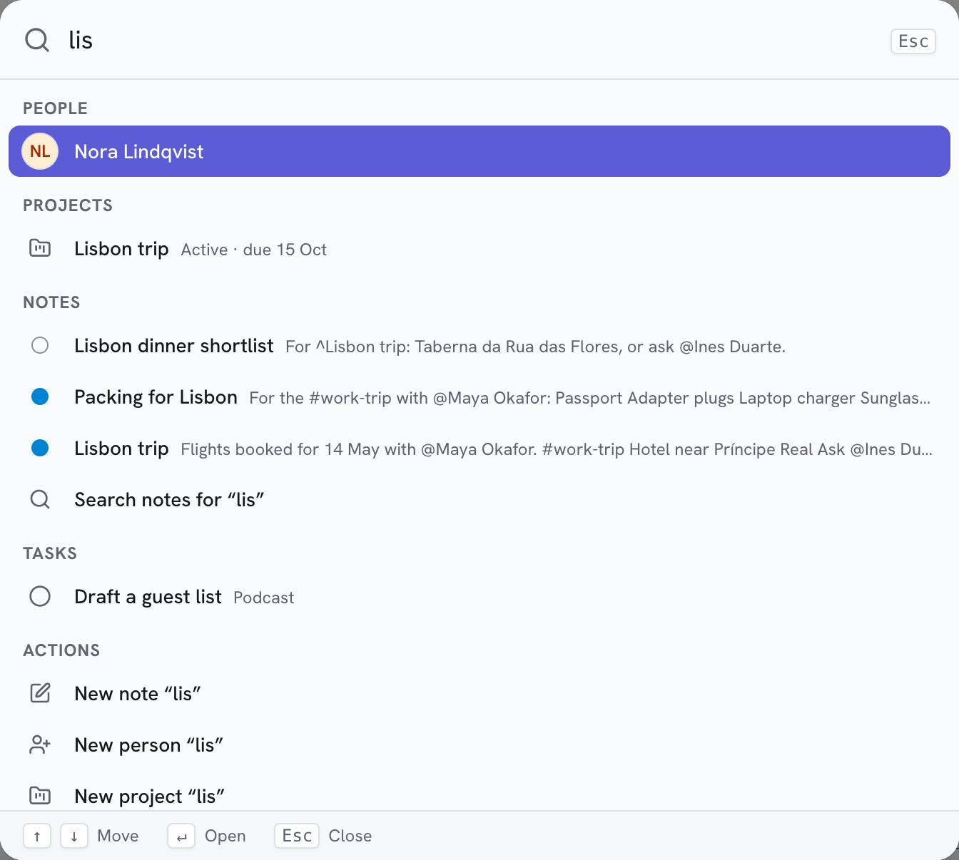 Search for "lis": a person, a project, notes, a task and actions